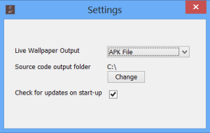 The settings dialog allows you to choose whether you want to build the Live Wallpaper, export the source code or do both. Also, you can choose whether the CLWC should automatically check for updates.